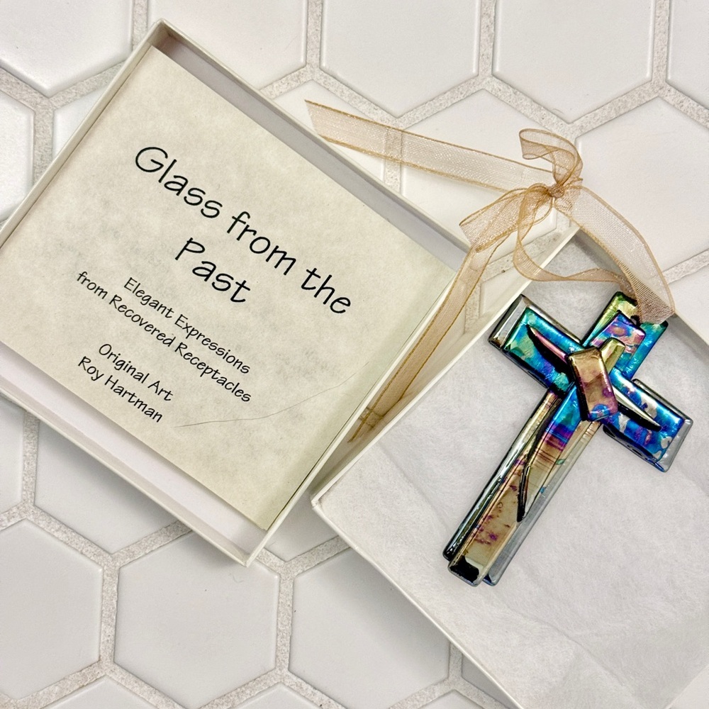 Colorful Recycled Glass Cross Christmas Ornament